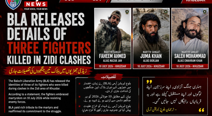 BLA Releases Details of Three Fighters Killed in Zidi Clashes